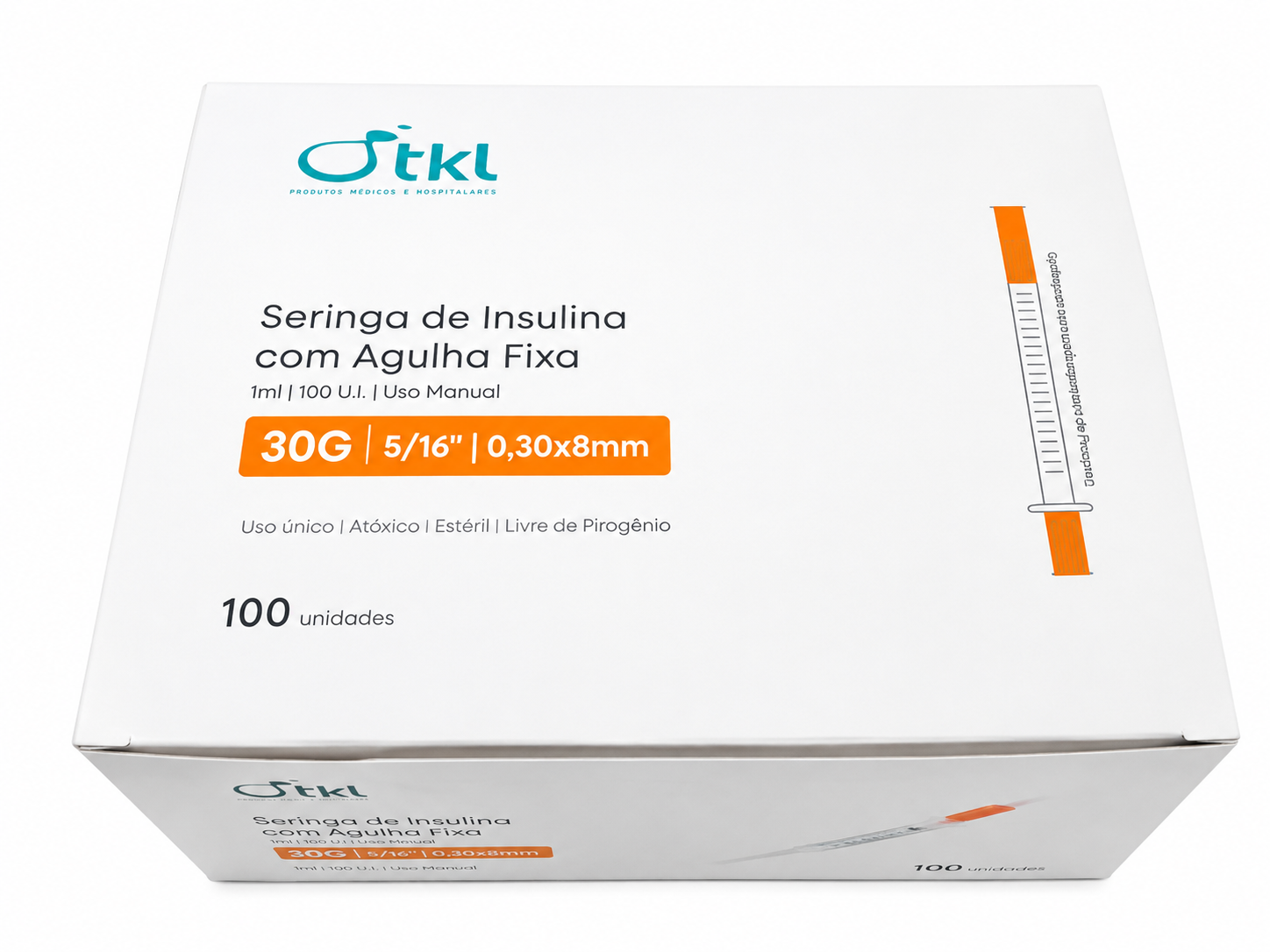 Caixa de seringa de insulina TKL com agulha fixa, 100 unidades